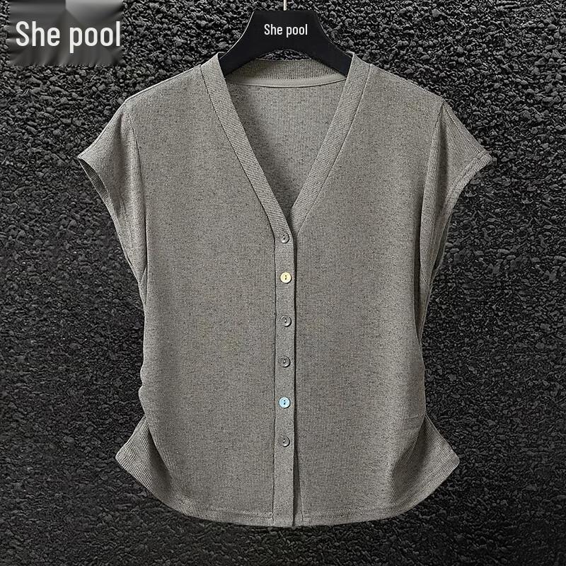 Women s Linen Blend V-Neck Pleated Ice Silk T-Shirt XL