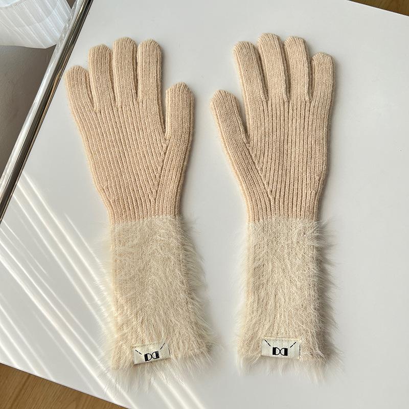 Autumn and winter dopamine solid color warm five-finger gloves versatile knitted cute student girl sweet long cycling sleeves