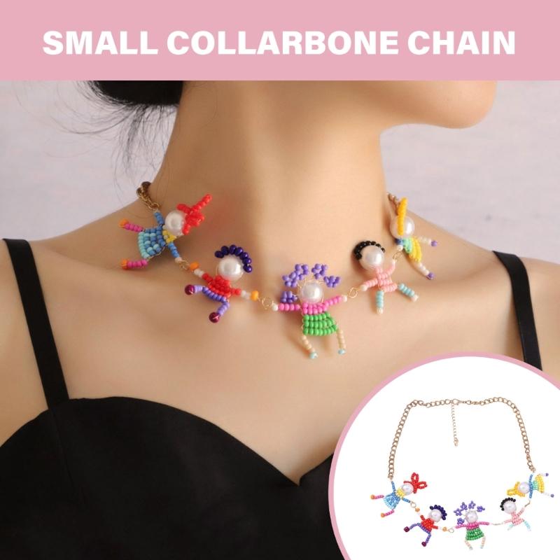 Cute 3D Figurine Charm Collar Necklace Playful 3D Human Necklace Pearls Neckchain Trend Clavicle Chain Accessory