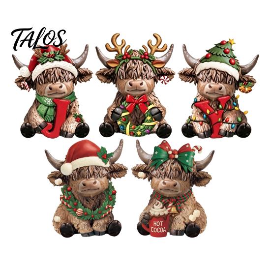 Indoor Holiday Scene Decorations 2/3Pcs Christmas Highland Cow Wooden Tabletop Sign, 2D Flat Yak Ornament Figurine with Garland Bow Hat, Festive