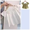 Girls' 2025 Summer Off-the-Shoulder Spaghetti Strap Short-Sleeve Top - Fresh New Chinese Style Fashion