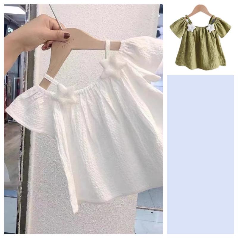 Girls' 2025 Summer Off-the-Shoulder Spaghetti Strap Short-Sleeve Top - Fresh New Chinese Style Fashion