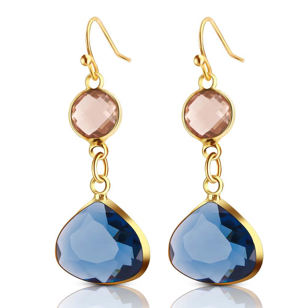 Fresh Copper Water Drop Earrings with Blue & Pink Crystals - Stylish For Women, European & American-Style Jewelry