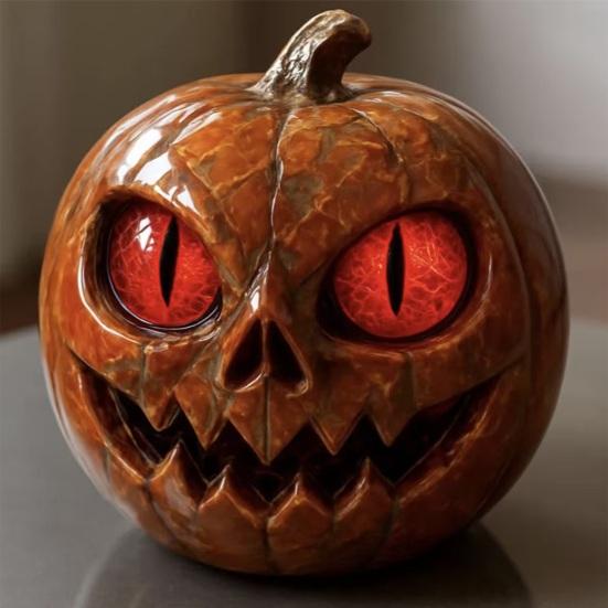 Rotäugige Kürbisfigur Handgefertigte Kürbisstatue aus Kunstharz in Marmoroptik mit bernsteinfarbenen Augen Halloween Tischdeko Regaldeko
