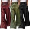 Women Flared Pants Slim High Waist Loose Pockets Faux Leather Elastic Waist Wide Leg Streetwear Solid Color Trousers for Work Leisure Daily Wear