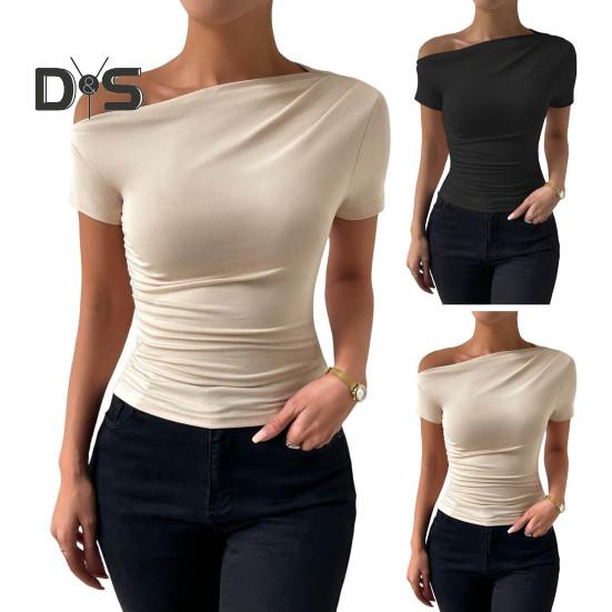 Damen Sommer T-Shirt Schrägkragen Kurzarm Slim Fit T-Shirt Einfarbig Seitlich Raffen Pullover Tops