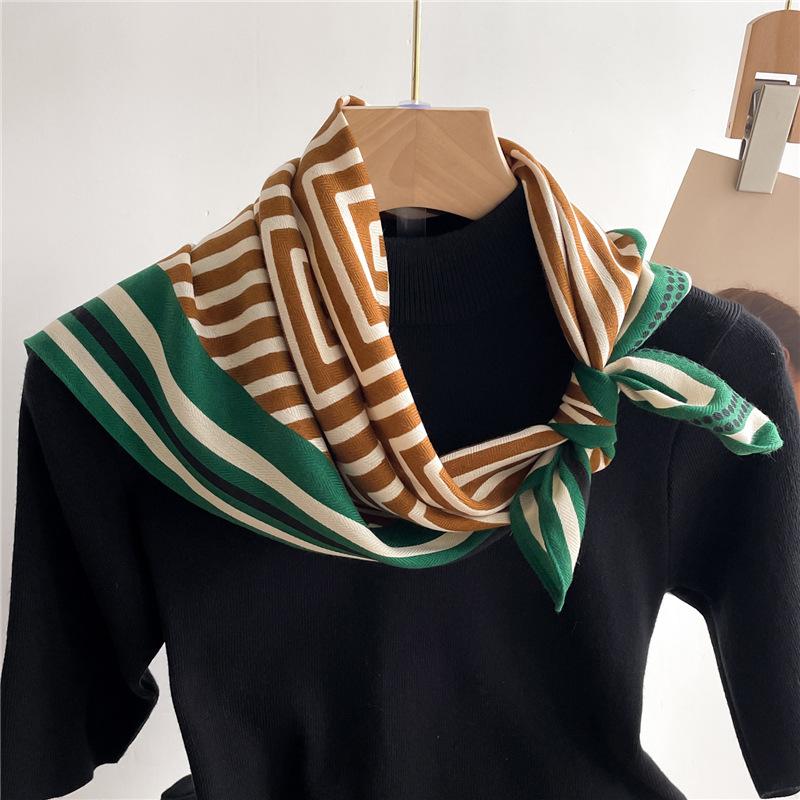 Geometric striped scarf women's small square scarf silk scarf herringbone pattern imitation velvet scarf thin shawl scarf headscarf women