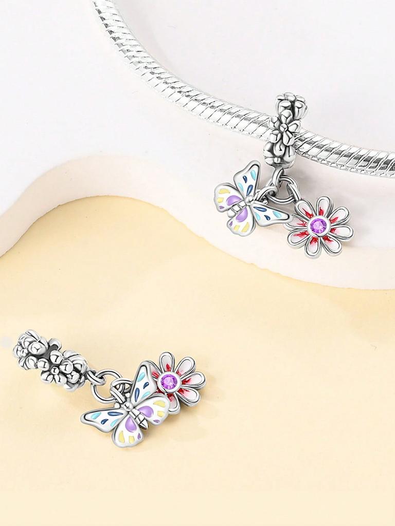 Charms Plata Copper Colors Colorful Butterfly Flowers Beads Charm Pendant For Original Bracelet For Women Diy Jewelry Love Gift