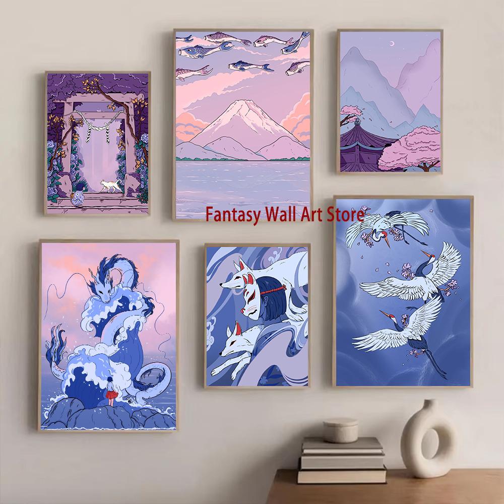 Japanese Cartoon Illustration Poster Landscape Mask Anime Girl Poster Japan Art Decor Home Room Wall Decoration Canvas Painting