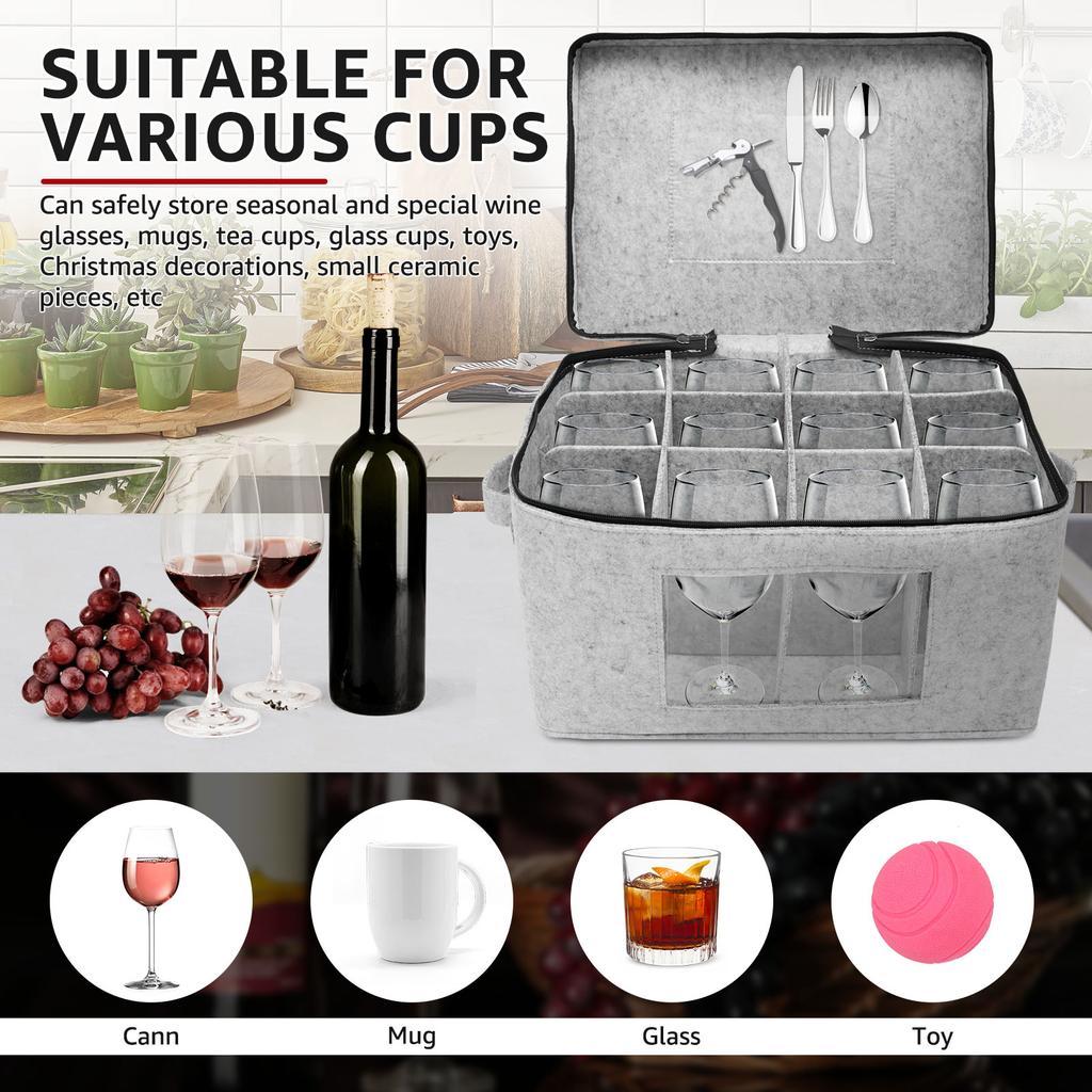 12-Grid Wine Glass Box Foldable Portable Stackable Felt Wine Cup Organizer Holds for Mug Tea Cup Small Ceramic Piece