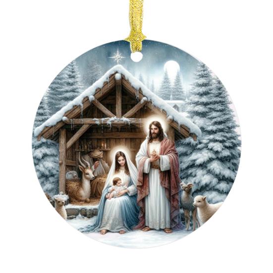 Nativity Night Ornament Round Acrylic Birth of Jesus Christ Hanging Decoration Religious Themed Christmas Keepsake for Winter Xmas Tree Decor