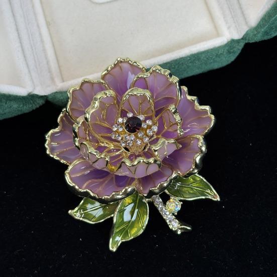 Women Brooch Sparkling Rhinestones Enamel Peony Shape Lapel Pin Suits Coats Bags Scarves Badge Versatile Accessory