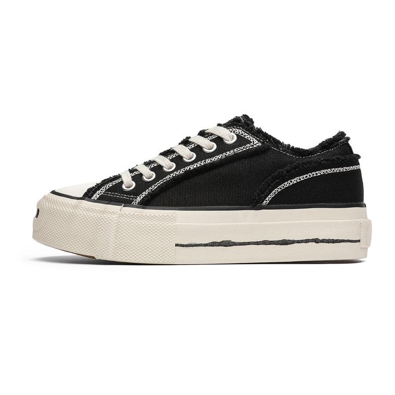 Men'S Vintage Canvas Shoes Arch Support Chunky Platform Height Increasing Black White Streetwear Outdoor Hiking Sneakers