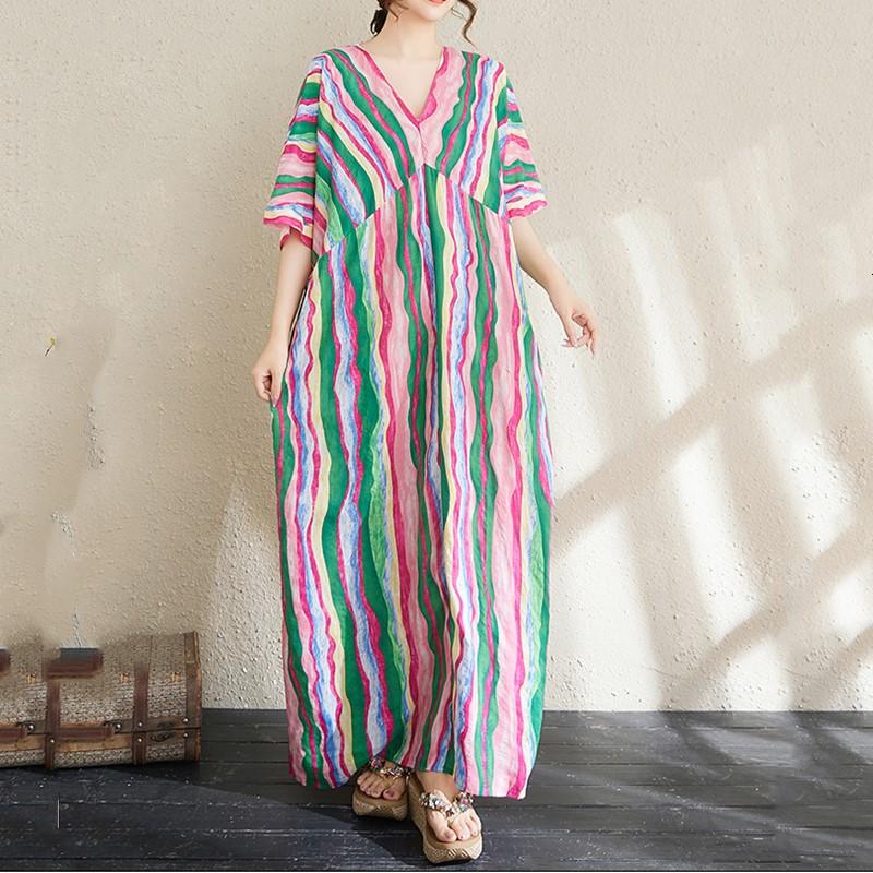 Short Sleeve Plus Size Cotton Vintage Stripe New In Dresses for Women Casual Loose Long Summer Dress