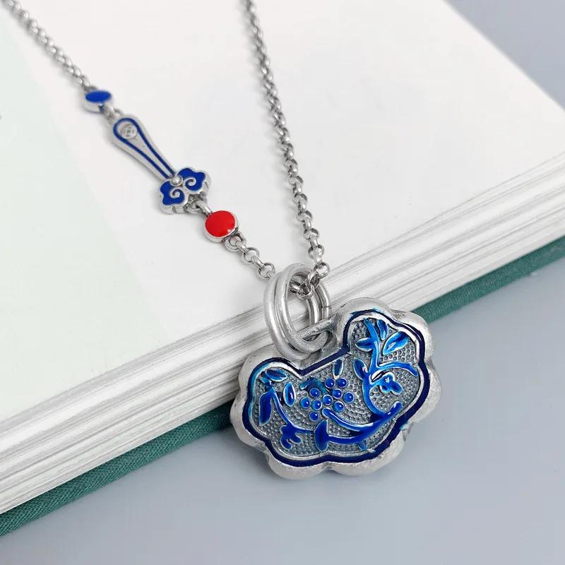 Original   Faceted Blue Orchid Enamel Ruyi Necklace For Women Charms Exquisite Pendant Clavicle Chain Banquet Jewelry