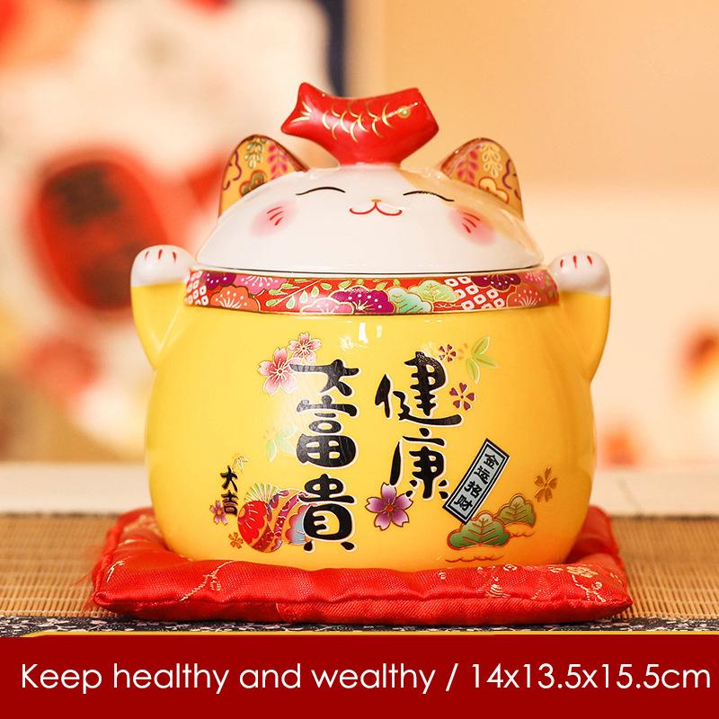 6 Inch Ceramic Maneki Neko Ornament Home Decoration Lucky Cat Figure Tabletop Candy Dish Cookie Canister Koi Fish Lid