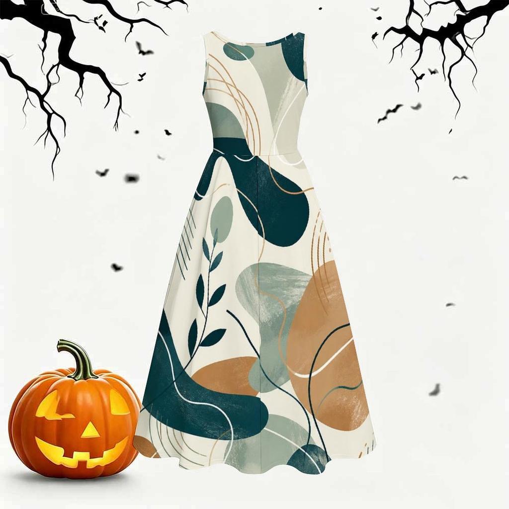 Women Plus Size Round Neck Sleeveless Abstract Printed Tie Waist A Line Long Dress