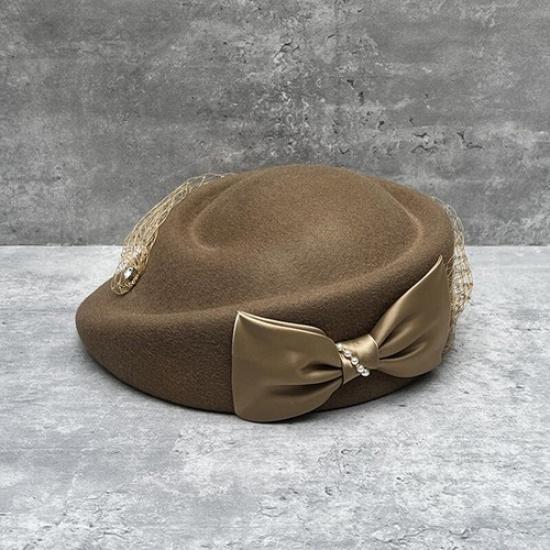 1x Lady Elegant Wool Blend Beret Hat with Bowknot & Mesh Veil Retro Painter Hat