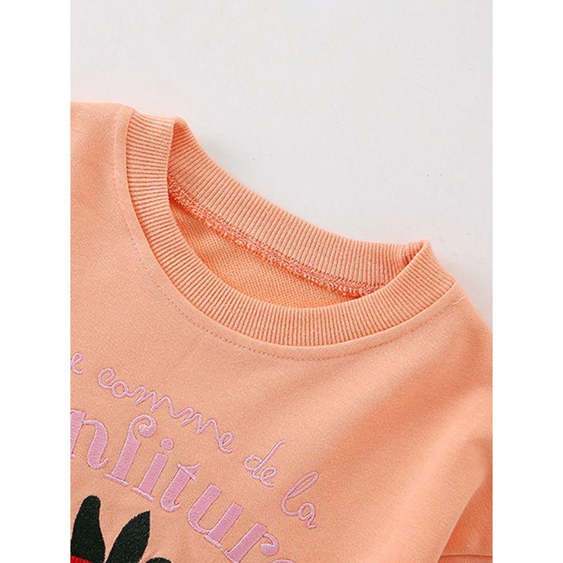 For Spring and Autumn with Sweet Strawberry Embroidery and Lettering, Pullover Top for Little Girls, Pure Cotton Long-Sleeve Base Shirt, Trendy
