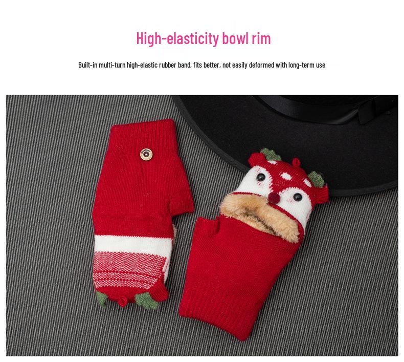 Children's Winter Cartoon Reindeer Flip-Top Half-Finger Gloves, Ages 4-10, Boys & Girls, Plus Velvet, Thick Cotton, Warm.