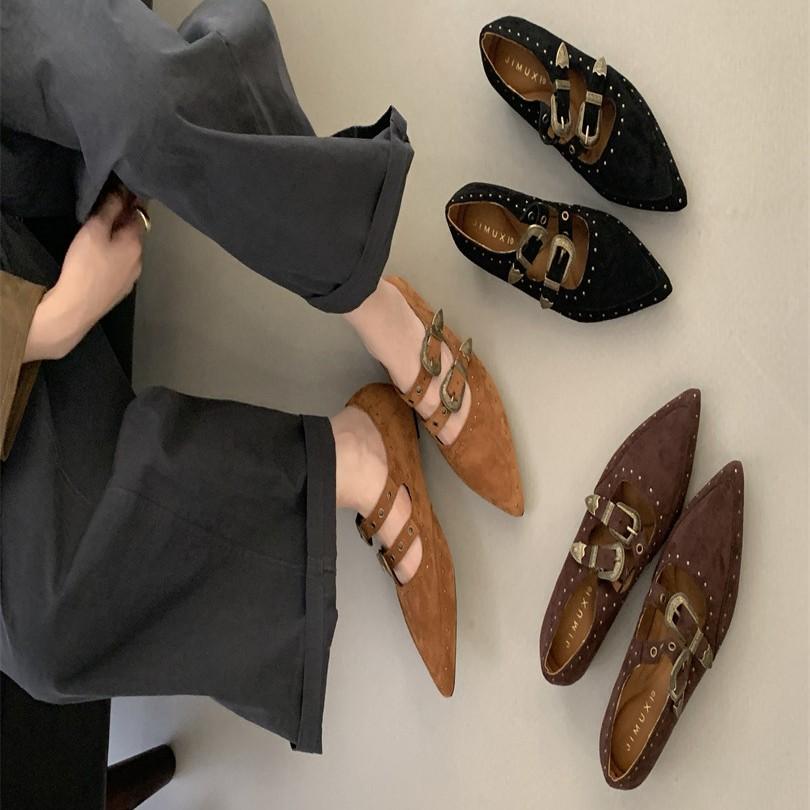 Inner fashion rivet pointed belt buckle Mary Jane shoes women's 2025 new retro versatile single shoes
