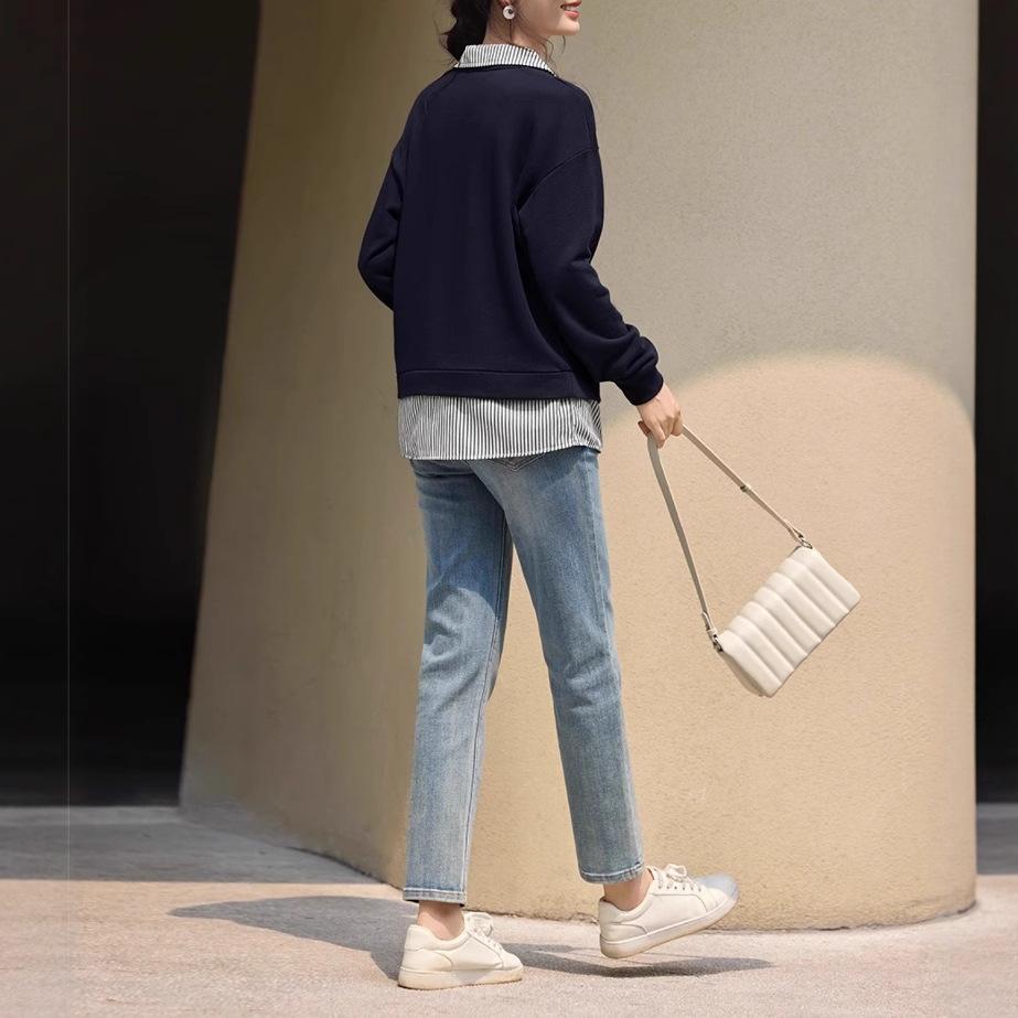 Women's Long Sleeve Sweatshirt Polo Collar Elegant Casual Top Contrast Color Splicing Pullover