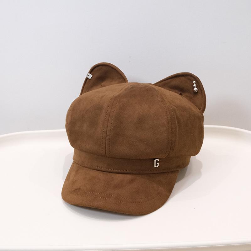 Cute and Sweet Cat Ears Suede Newsboy Hat Children Spring and Autumn New Octagonal Hat Fashion Painter Hat Tide