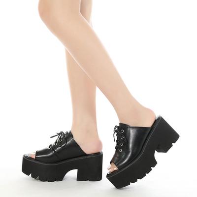 Sandalias con punta abierta para mujer, zapatos sin cordones, plataforma de cuero suave negro, tacones gruesos, zapatos de verano con cordones de talla grande