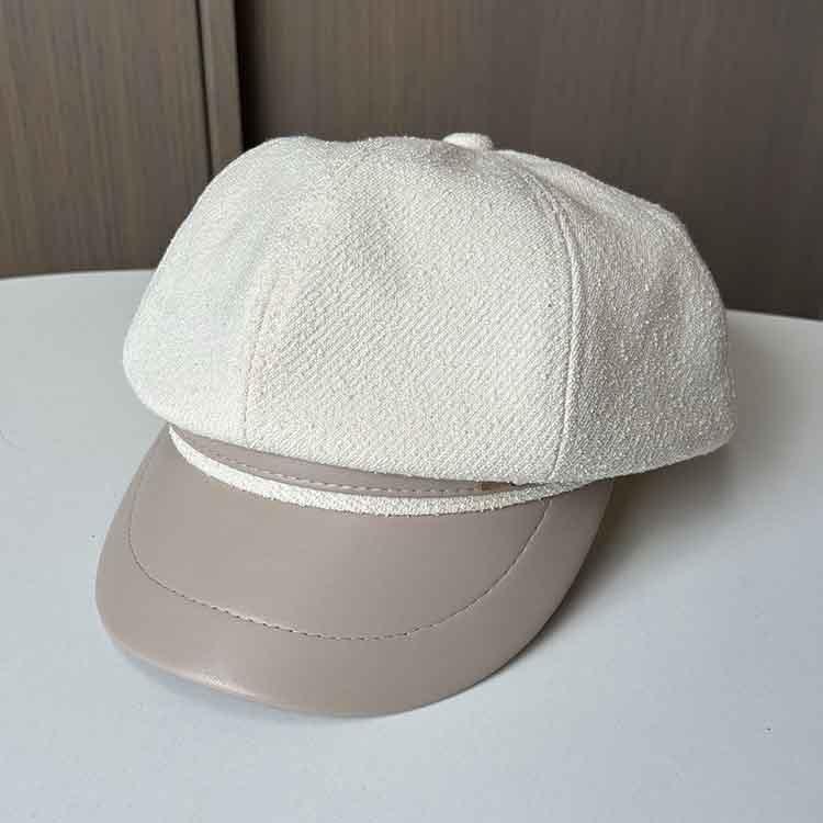 Spring and Autumn Hat Women's New Pu Leather Octagonal Hat Big Head Circumference Showing Face Small Peaked Hat Retro Temperament Painter Hat Tide
