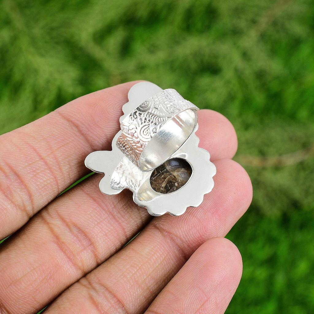 Gift For Women Statement Adjustable Ring 925 Silver Natural Turritella Agate