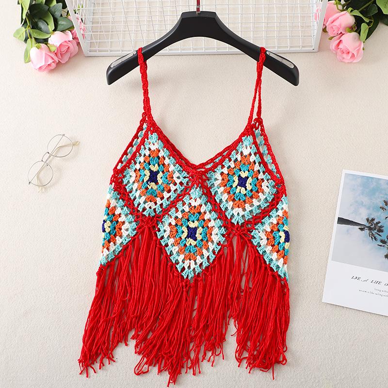 Summer Women's Camisole Ethnic Style Halter Pure Handmade Crochet Top Halter Bohemian Tassel Travel Holiday Vest