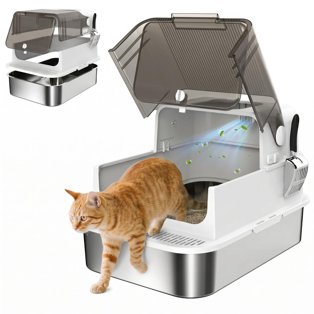 Stainless Steel Cat Litter Box with Lid XXL 72L for Large Cats and Multiple Cats with Double Doors, Scoop, Pedal, Anti-Leak