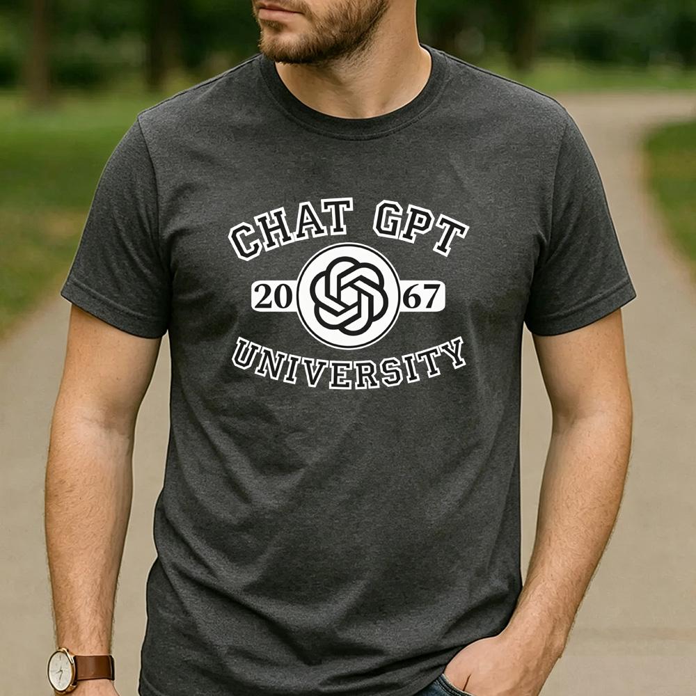 Chat GPT University Twist Knot Est 2067 Graphic T Shirt Unisex Crew Neck Short Sleeve Tech Geek Holiday Gift Tee