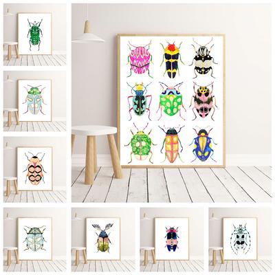 Nordische Kunst Käfer Drucke und Poster Sets Aquarell Insekten Bild Wand Wohnzimmer Heimdekor Bunte Käfer Leinwandmalerei