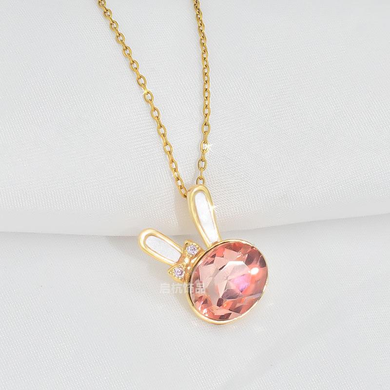 Titanium Steel Bunny Necklace Light Luxury Trend Women'S Collarbone Chain Pink Crystal Pendant Jewelry
