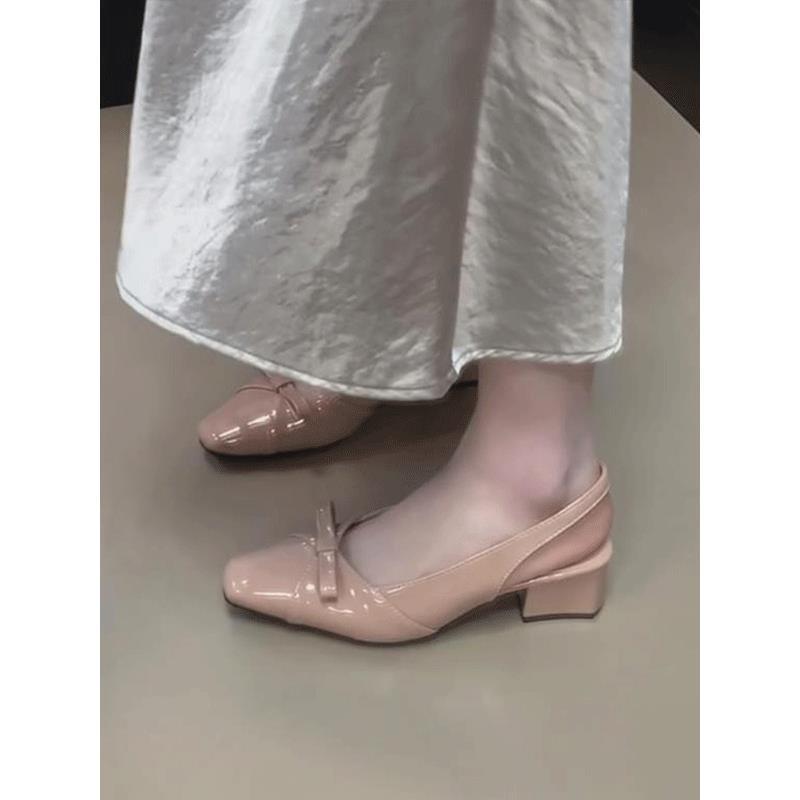 French Evening Breeze Gentle Bow Square Head Bag Head Sandals Women's Summer Outer Wear Empty Short Heel Thick Heel