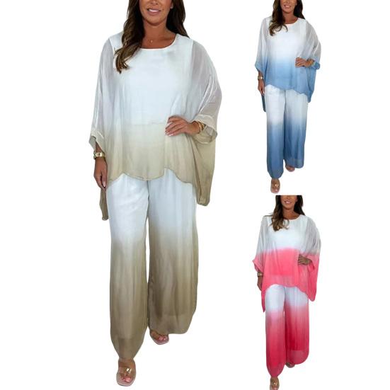 Letní šifonová gradientní dvoudílná sada pro ženy, plus size, kulatý výstřih, top s širokými nohavicemi, ležérní domácí oblečení