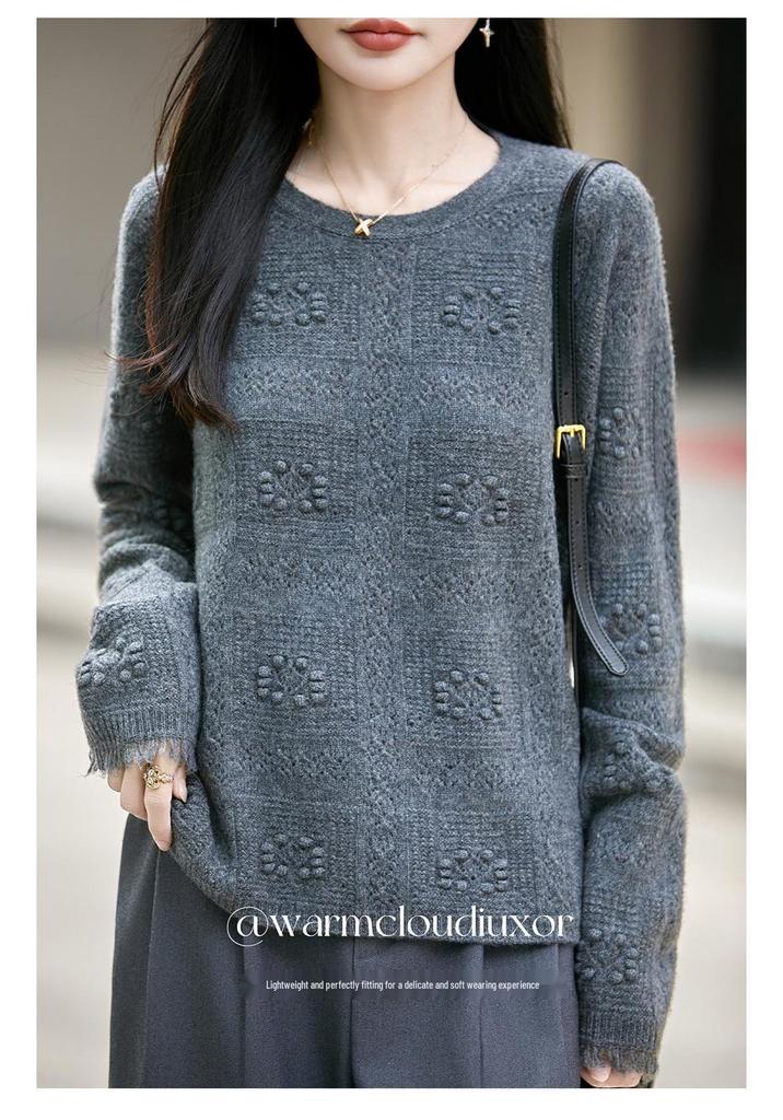 2026 A/W Plaid Wave Pattern Loose Pure Wool Knit Sweater - Women's Round Neck Long Sleeve