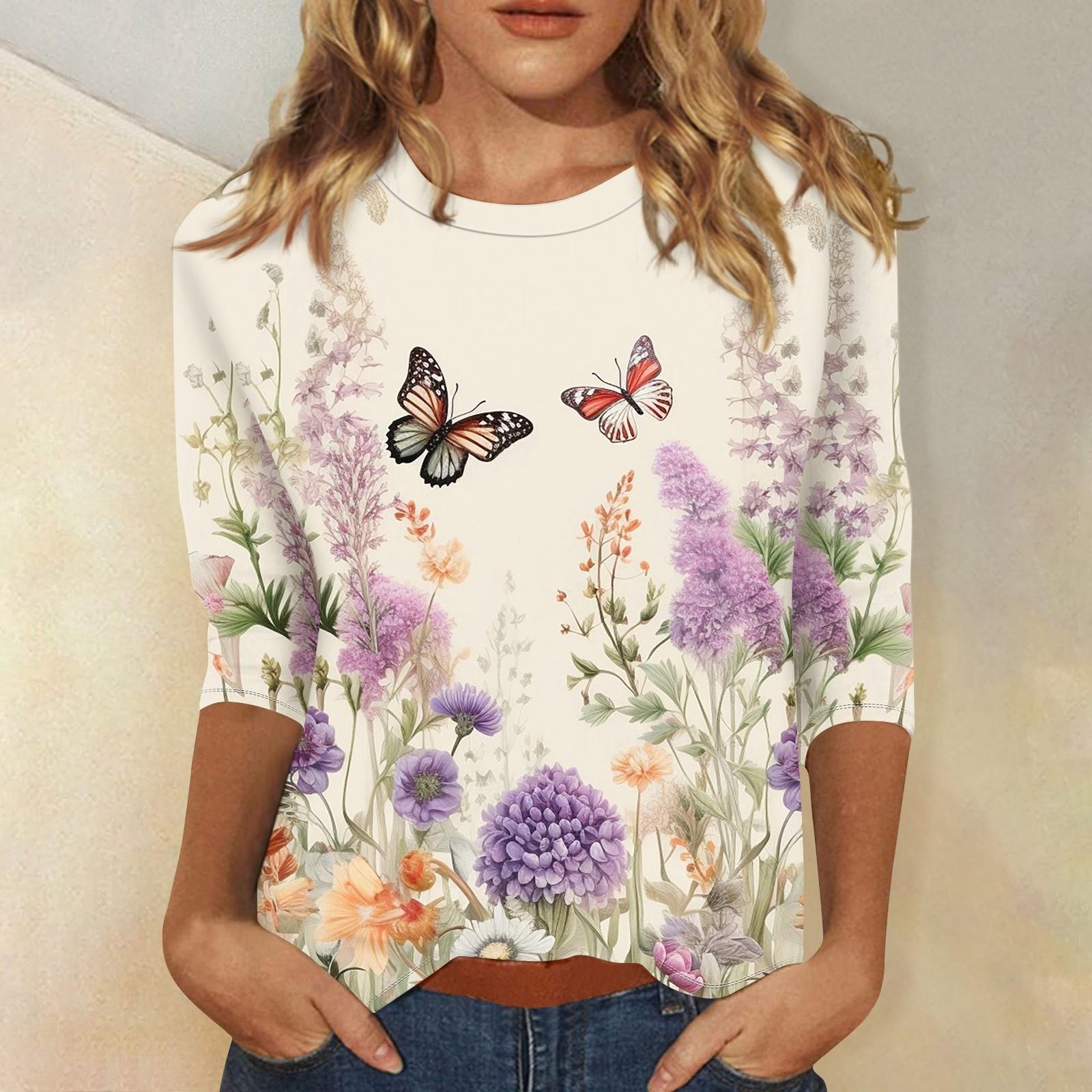 

Летние топы с круглым вырезом и рукавами 3/4 2024 года, женские туники с винтажным цветочным принтом, повседневные футболки больших размеров, базовые топы для вечеринок и праздников XL