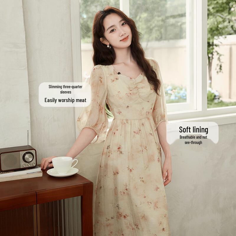 Xiangying French Style Floral V-neck Midi Dress