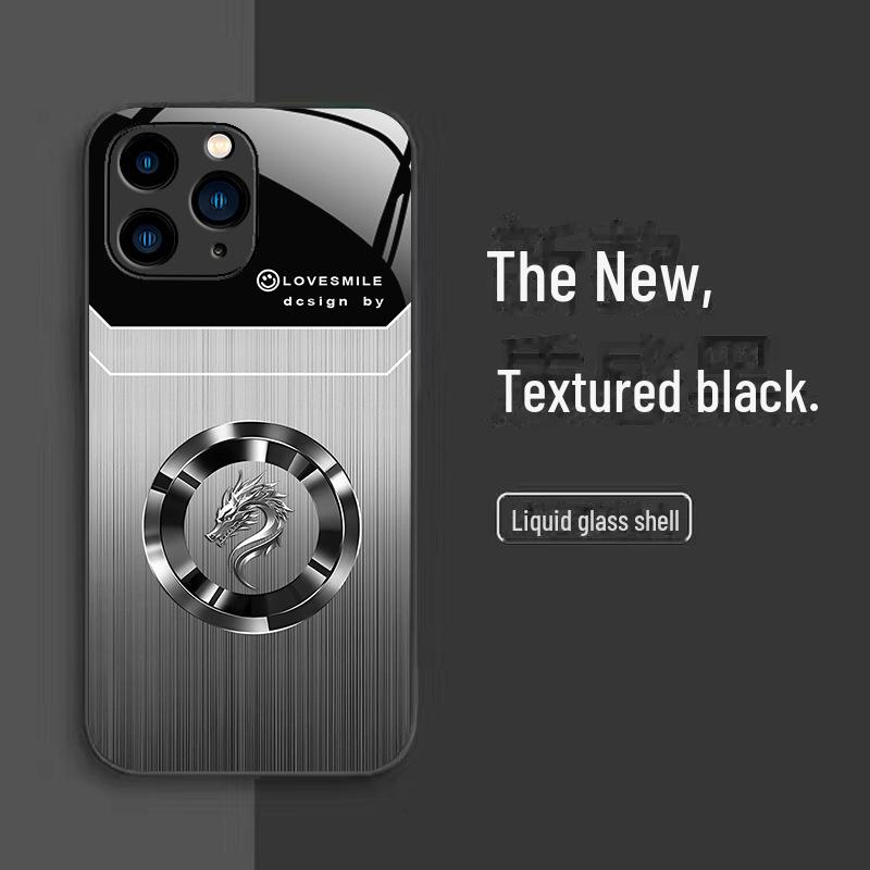 Luxuriöse Ringhülle mit Drachenkopf und Holzmaserung für iPhone 12 Pro, 11, XR, XS, 8, 7. Trendiges Nationaldesign mit doppelten Linienakzenten.