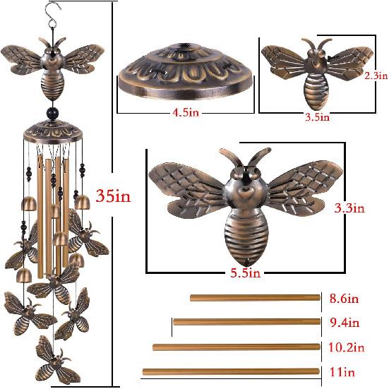 Bronze Bee Wind Chimes for Garden, Gifts for Mom, Home, Balconies, Rooms, Patio, Indoor, Outdoor Bee Decoration, Aluminum Bee Chimes, Bees Wind