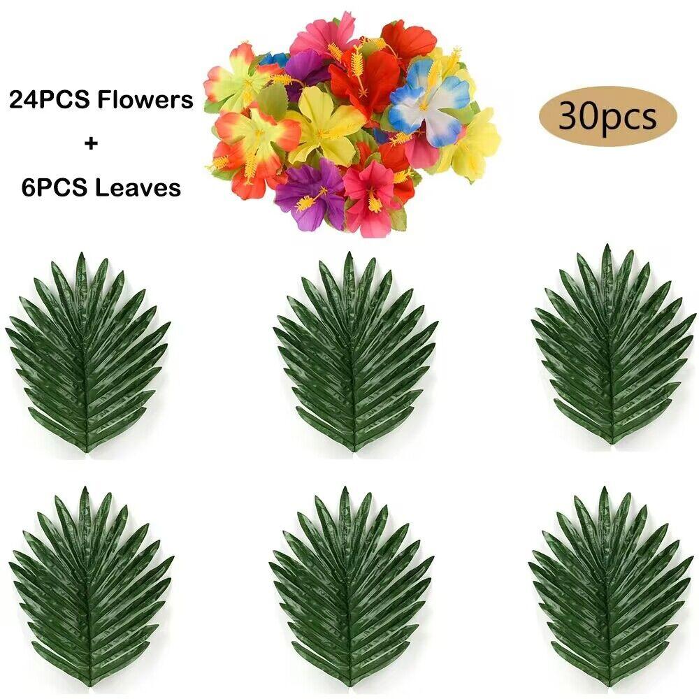 Tropical Monstera Palm Leaves Hibiscus Flower Hawaiian Luau Leaves Tropical Party Jungle Beach Table Decoration Wedding Birthday