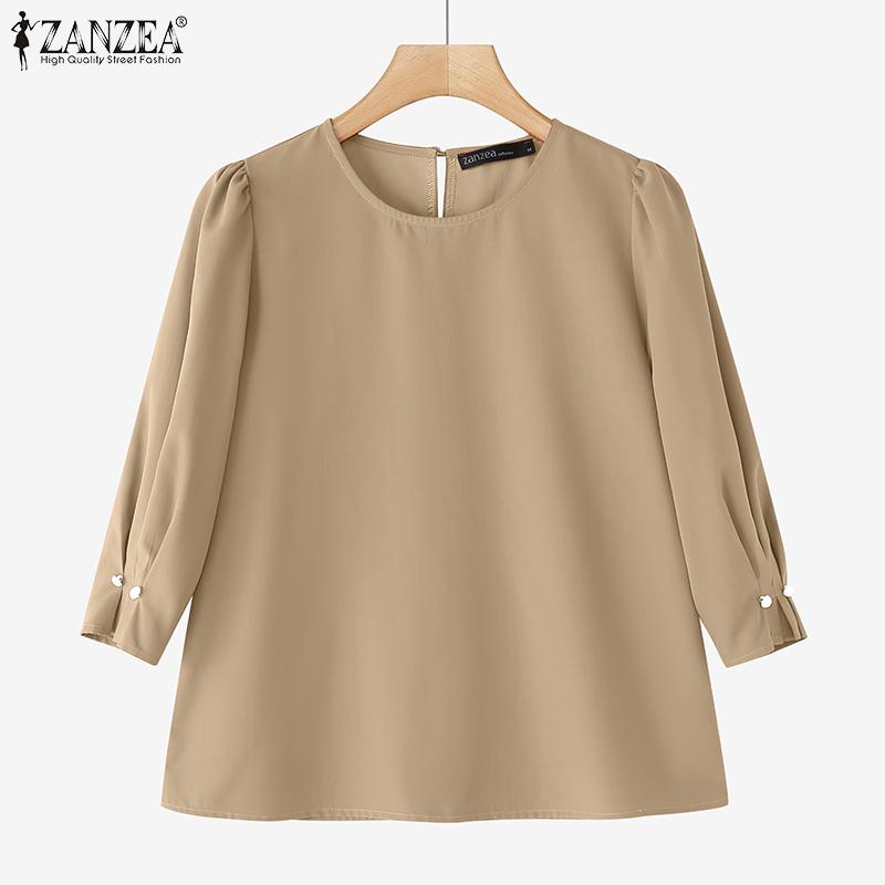 ZANZEA Женская блузка с круглым вырезом, рукавом 3/4, однотонная, повседневная, элегантная 4XL хаки