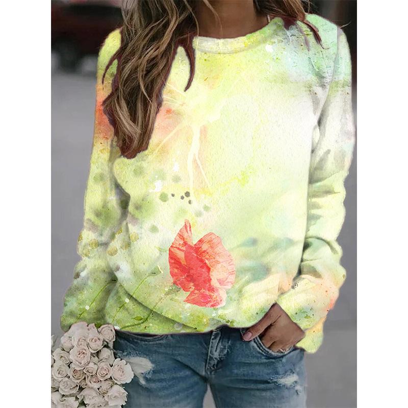 European And American Style 2024 New Round Neck Sweatshirt With Colorful Printed Contrasting Shoulder SleevesWA2