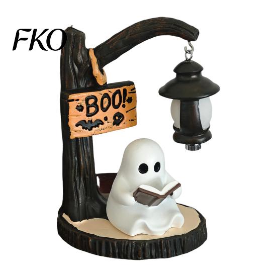 Cozy Halloween Atmosphere Light Hanging Ghost Night Resin Figurine, Vintage Farmhouse Glowing Tabletop Ornament, Ornament Warm Amber Decor for