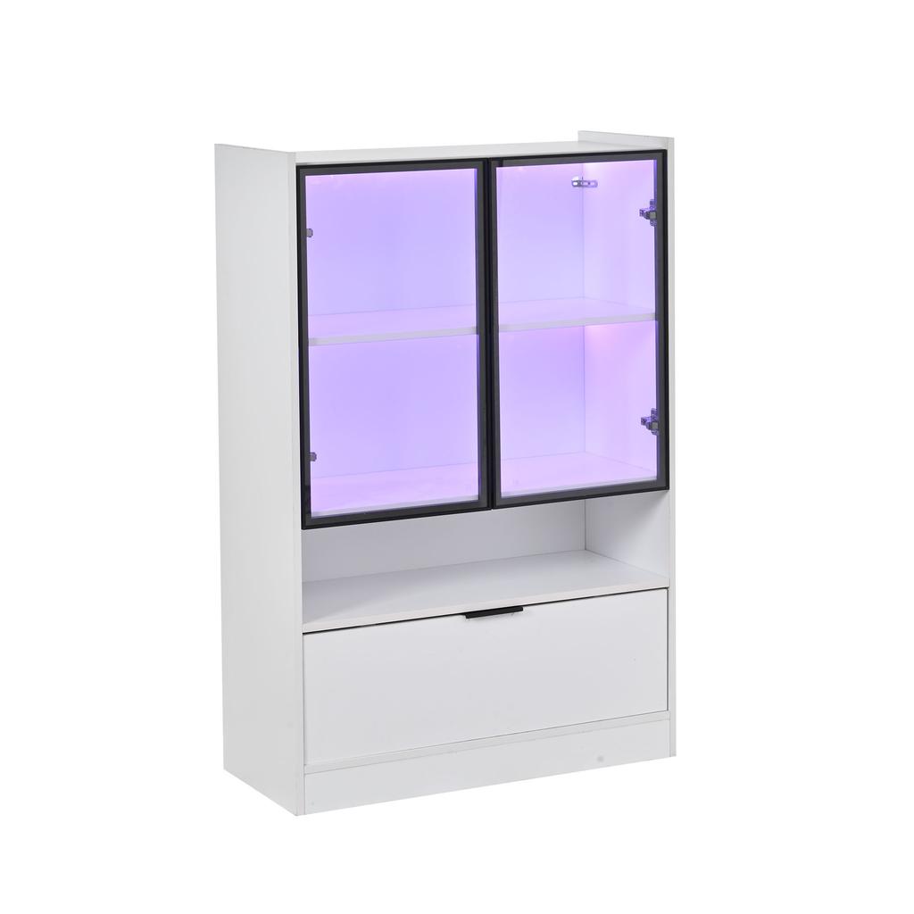 Moderner LED-Ausstellungsschrank Höhe 120cm mit LED-Beleuchtung, Wohnzimmerschrank mit Glastüren und Falttür, Spanplatten-Ausstellungsschrank, Weiß