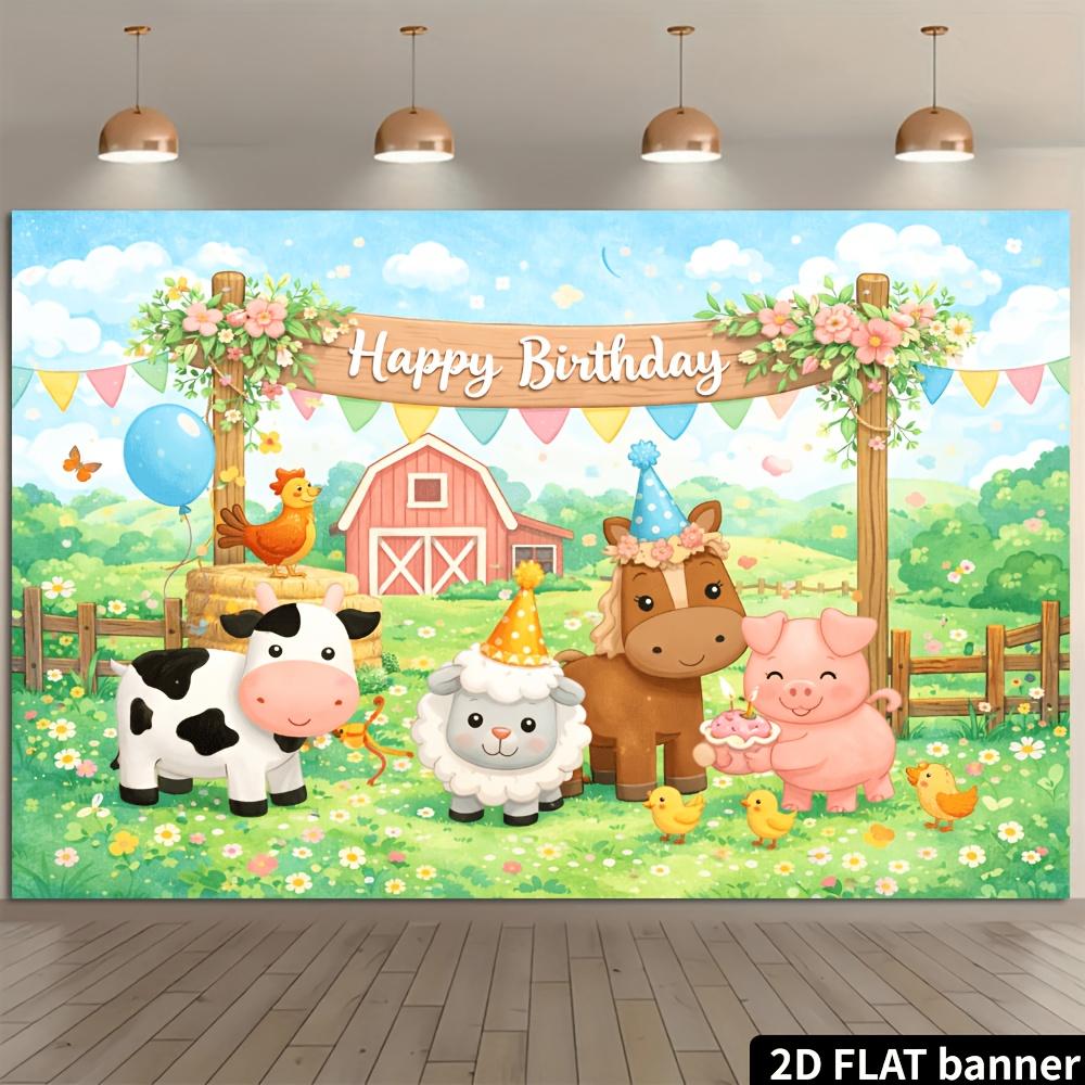 2D Flat Farm Themed Birthday Party Banner Background Cute Cartoon Farm Animal Theme Wall Decoration