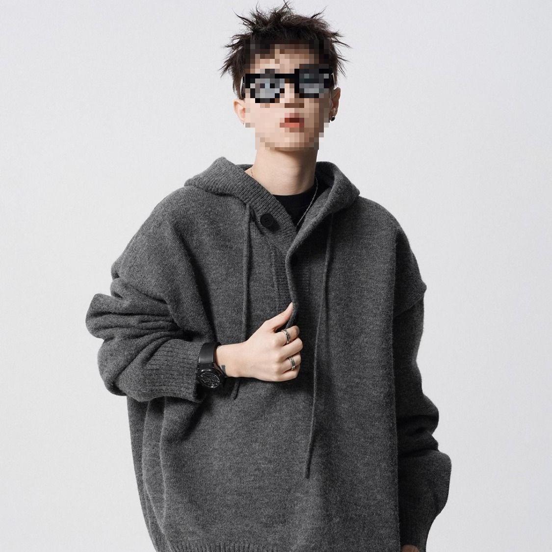 

High Street Men s Plain Hooded Knitwear: Winter Cleanfit Sweater M серый