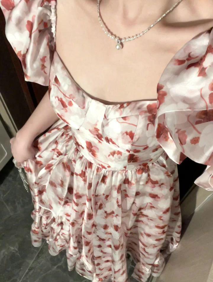 Atemberaubendes französisches Campanula Rosa Blumen Chiffon Sommerkleid - Super Feenhaft Langer Stil